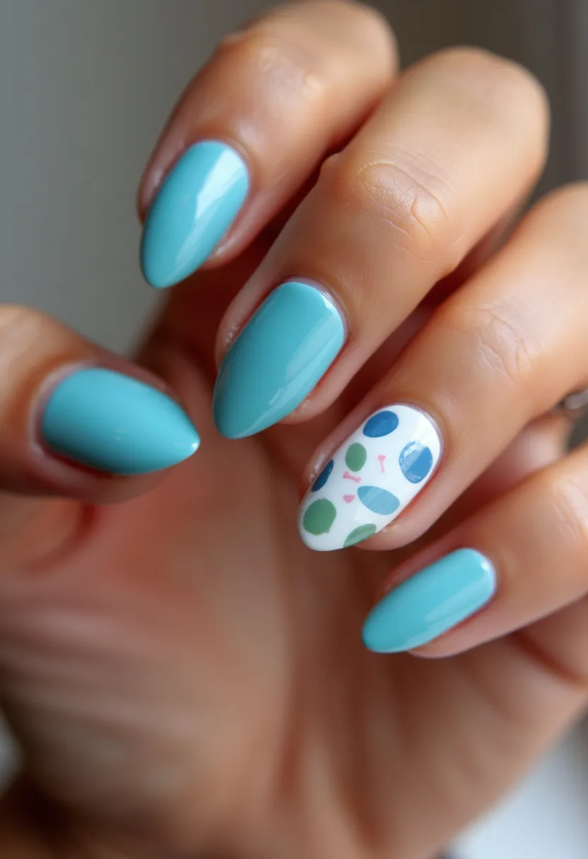 The nail design features a palette primarily composed of a vibrant, glossy sky blue color, with an accent nail on the ring finger that offers a playful contrast. The accent nail is painted in a crisp white, adorned with a pattern of multicolored circular dots in green, blue, and pink hues. The nails are shaped into a medium-length almond form, creating an elegant and stylish look. This design appears to be achieved using gel polish, given the high gloss and durability. The cheerful and fresh color scheme, along with the dot pattern, evokes a fun, summery vibe perfect for warm weather or casual occasions. The meticulous and smooth application suggests professional quality, making the design both eye-catching and sophisticated.