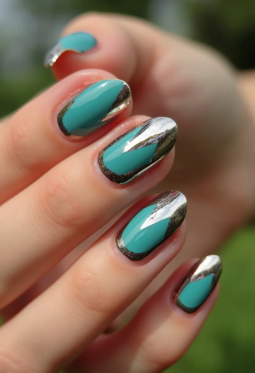 The nail design features a stunning combination of teal and metallic silver colors. The nails are almond-shaped, offering a sophisticated and elongating appearance. The primary color is a vibrant teal, accented with striking silver metallic details that create a geometric pattern. The silver elements are applied in an asymmetrical fashion, adding a dynamic and chic touch to the design. The nails appear to have a glossy finish, indicating the use of gel polish for a smooth and enduring look. This stylish design could be perfect for the spring or summer seasons, given the bright and cheerful color palette.