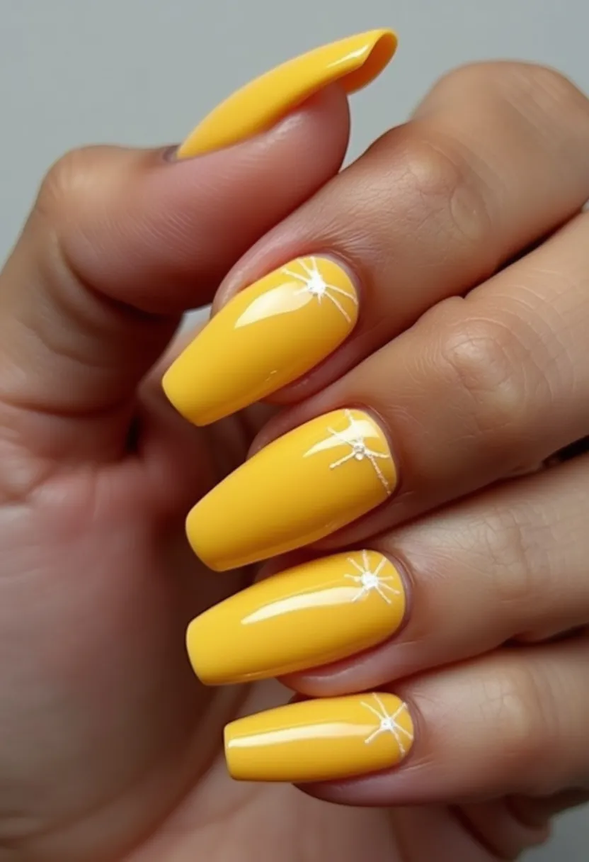 The nail design features a vibrant, sunny yellow color palette, exuding a cheerful and lively aesthetic. The nails are shaped in a medium-length coffin style, providing a modern and chic appearance. Intricate white starburst patterns with delicate lines are adorned on select nails, adding an elegant and whimsical touch to the overall design. The treatment type appears to be a glossy gel, due to the highly reflective and smooth finish, which enhances the bright yellow hue. This design, with its radiant color and playful details, is perfect for the summer season or festive occasions where a vibrant and joyful presentation is desired.