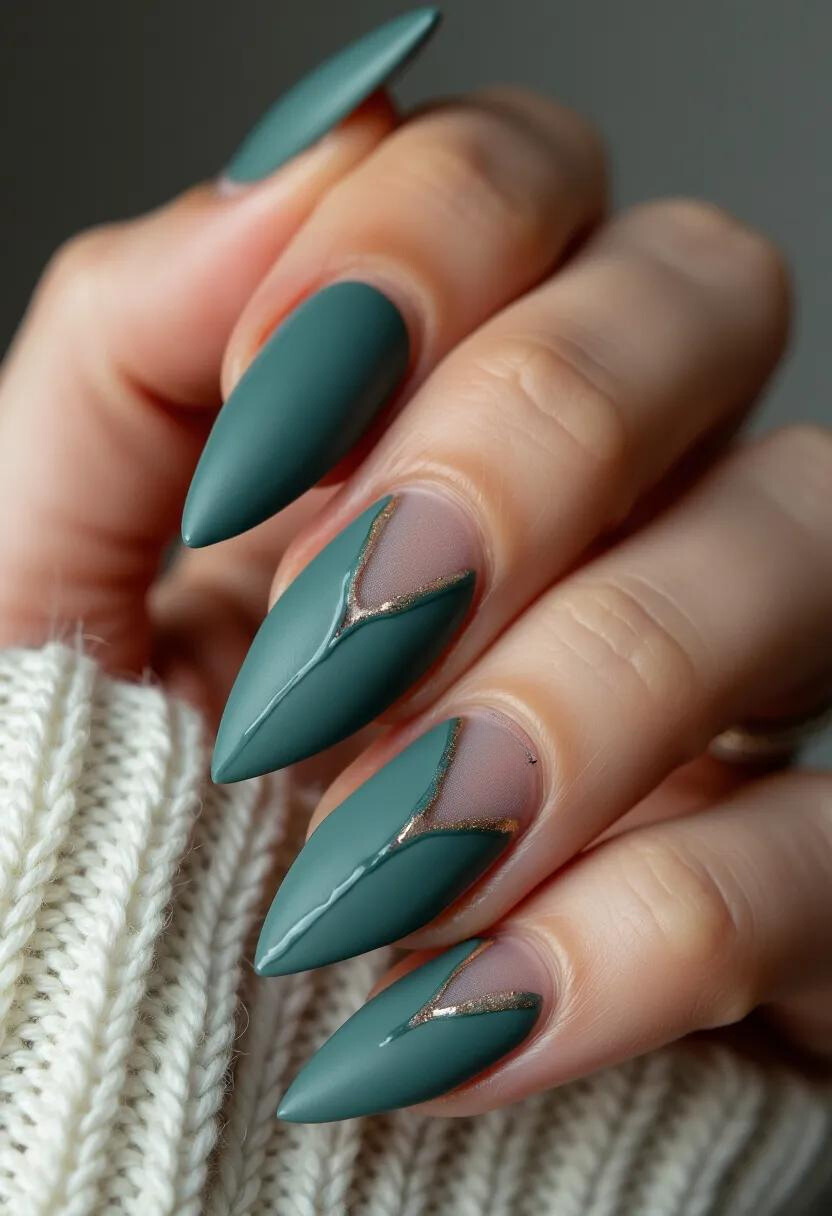 The nail design showcases a sophisticated and stylish look with a matte teal color palette. The nails are shaped into an elegant stiletto form, enhancing the overall chic aesthetic. Intricate patterns feature a combination of solid matte teal and negative space with a clear or natural base, adorned by delicate metallic gold accents and thin lines that create an outlined V shape towards the cuticles, adding a touch of glamour and sophistication. The nails appear to have a smooth, even finish, indicating a gel or acrylic treatment, ensuring durability and a pristine look. This design with its muted colors and refined accents is suitable for the winter season, aligning with cozy, chic fashion trends, or for special occasions where a modern yet elegant appearance is desired.