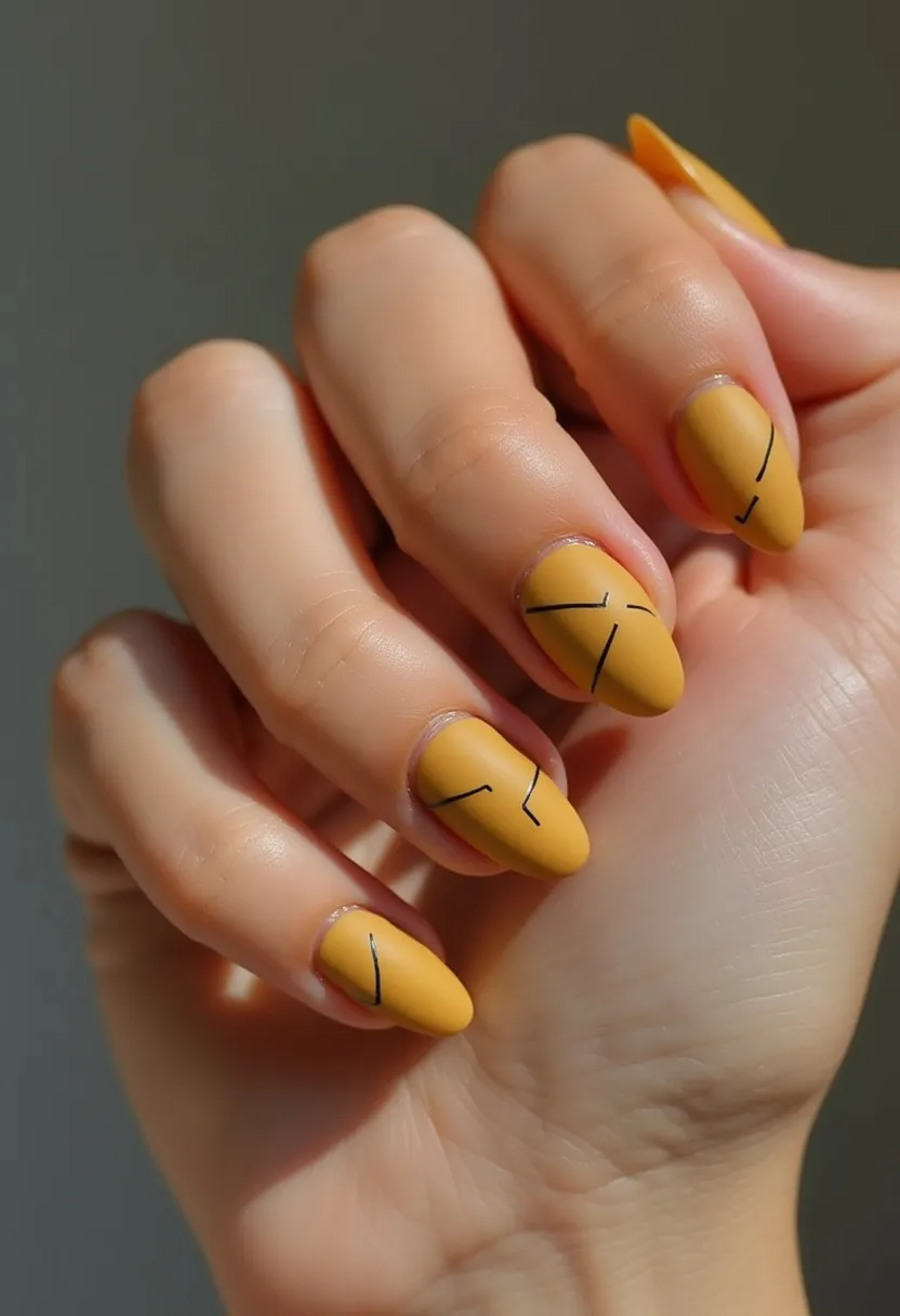 The nail design features an almond shape with a matte mustard yellow color as the base. Each nail is decorated with minimalist black line art, consisting of simple, abstract geometric patterns. The look is achieved using a gel treatment, providing a smooth and durable finish. This particular design is modern and chic, suitable for everyday wear but versatile enough to complement seasonal themes, especially fall, due to the warm, muted color palette. There are no additional embellishments like glitter or rhinestones, keeping the design straightforward and elegant.