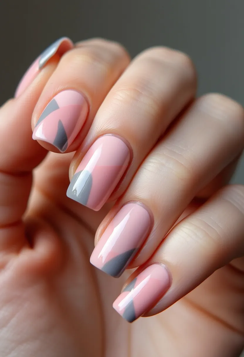 The nail design features a soft, pastel color palette with a base of light pink complemented by geometric accents of gray. The nails are shaped in a medium-length, rounded square form, providing a sophisticated and modern look. The pattern includes angular segments of gray placed strategically at the tips and sides of selected nails, creating a balanced and artistic effect. The finish appears glossy, suggesting the use of a gel treatment for a sleek, durable look. This design is versatile, suitable for various occasions, and has a subtle elegance that makes it fitting for both everyday wear and special events.