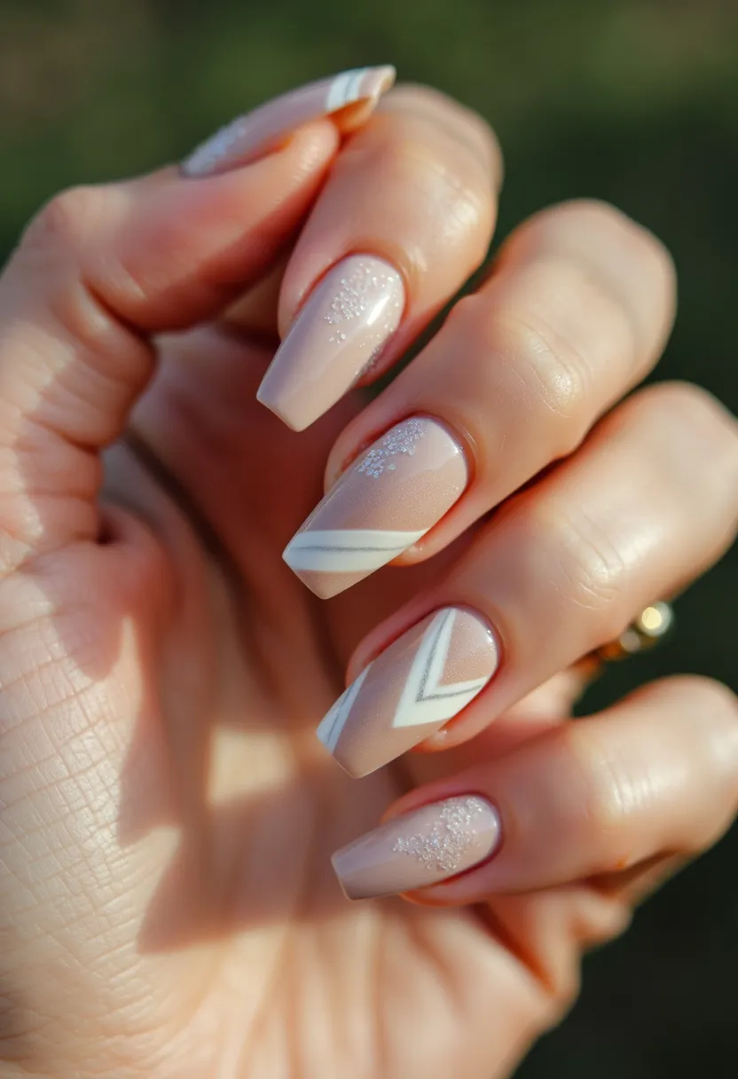 The nail design showcases a sophisticated and elegant palette, incorporating nude and white colors with subtle glitter accents. The nails are shaped in a trendy coffin style, providing a modern and sleek appearance. Intricate geometric patterns, specifically white chevrons and lines, enhance the overall aesthetic. Some nails feature a delicate touch of glitter, adding a touch of sparkle without overpowering the design. The nail treatment appears to be gel, ensuring a glossy and durable finish. This design is versatile, suitable for various occasions, including weddings or formal events, and can easily transition into everyday wear with its classic yet stylish look.