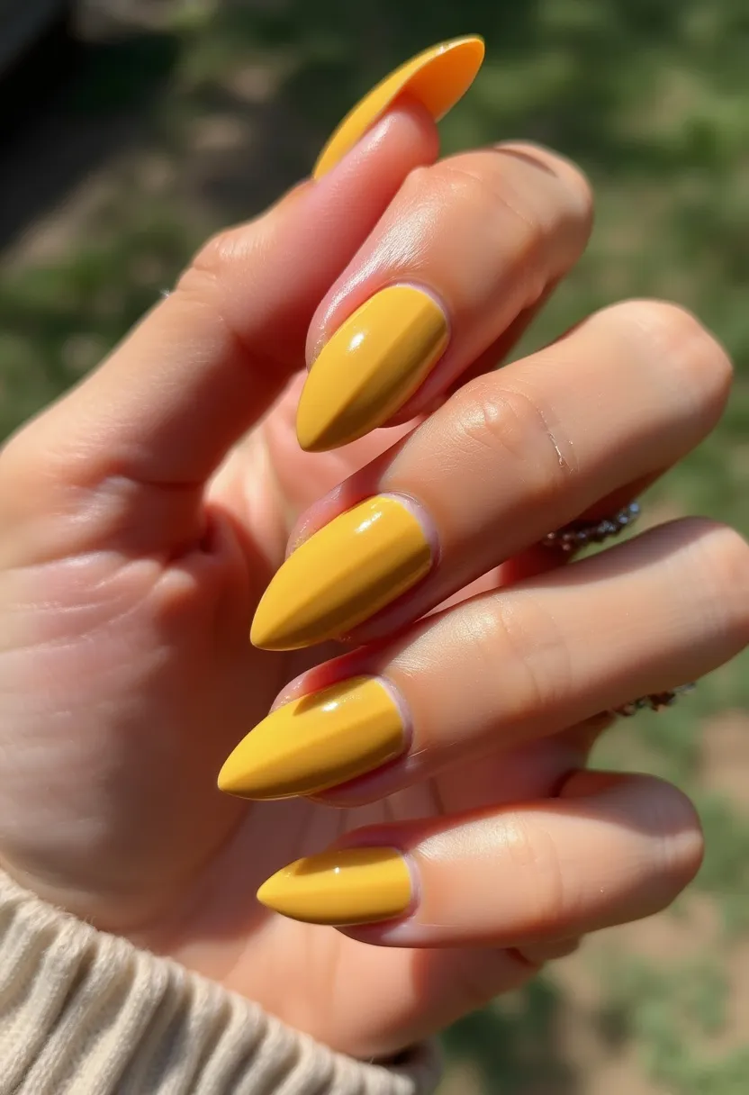 The nail design features a vivid yellow color palette, exuding a bright and cheerful vibe. The nails are shaped into a sharp stiletto form, which adds an edgy and fashionable flair. The high-gloss finish suggests that a gel treatment has been applied, giving the nails a smooth and durable appearance. The design is simplistic with no intricate patterns or additional decorations, focusing on the bold color and sleek shape to make a statement. This look is versatile and can be suitable for various occasions, bringing a pop of color that aligns with a summery or festive theme.