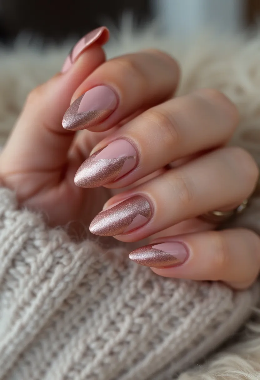 The nail design features a sophisticated almond shape, elongated to a fine point. The color palette includes a soft nude pink base, accentuated with a metallic rose gold overlay. This intricate design showcases a modern take on the classic French manicure by incorporating diagonal metallic accents that create a sleek, elegant pattern. The nails appear to have a gel treatment, giving them a glossy and long-lasting finish. This design, with its subtle yet luxurious colors, is well-suited for seasonal events such as winter holidays or romantic occasions like Valentine's Day. The overall look is chic and refined, with unique details that add a touch of glamour.