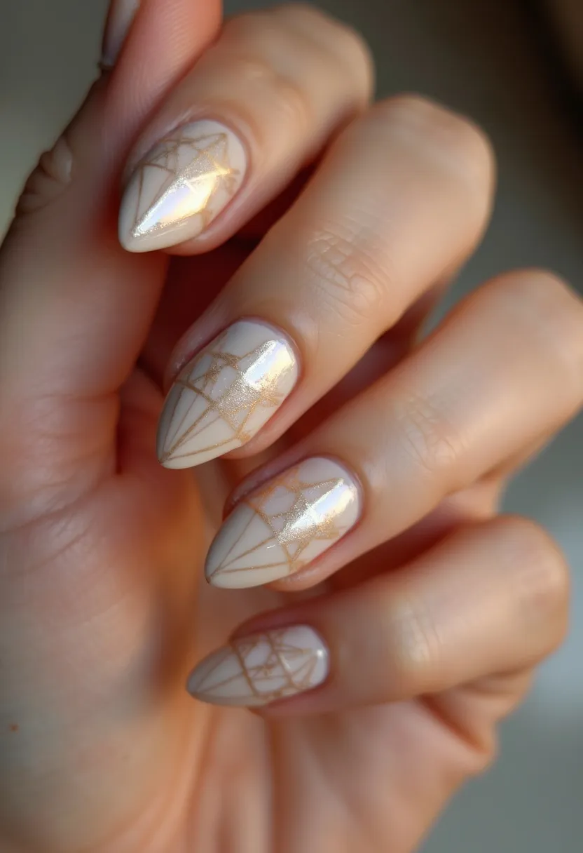 This nail design features an elegant, almond shape with a sophisticated color palette of light beige or nude as the base. The nails exhibit intricate patterns, primarily composed of thin, golden geometric lines, reminiscent of a delicate lattice or web. The overall finish appears to be smooth and glossy, indicating a likely gel or shellac treatment for durability and shine. Subtle hints of shimmer can be seen, adding a touch of glamour to the design. This stylish manicure is versatile, making it appropriate for both everyday wear and special occasions, aligning well with themes of sophistication and understated elegance.