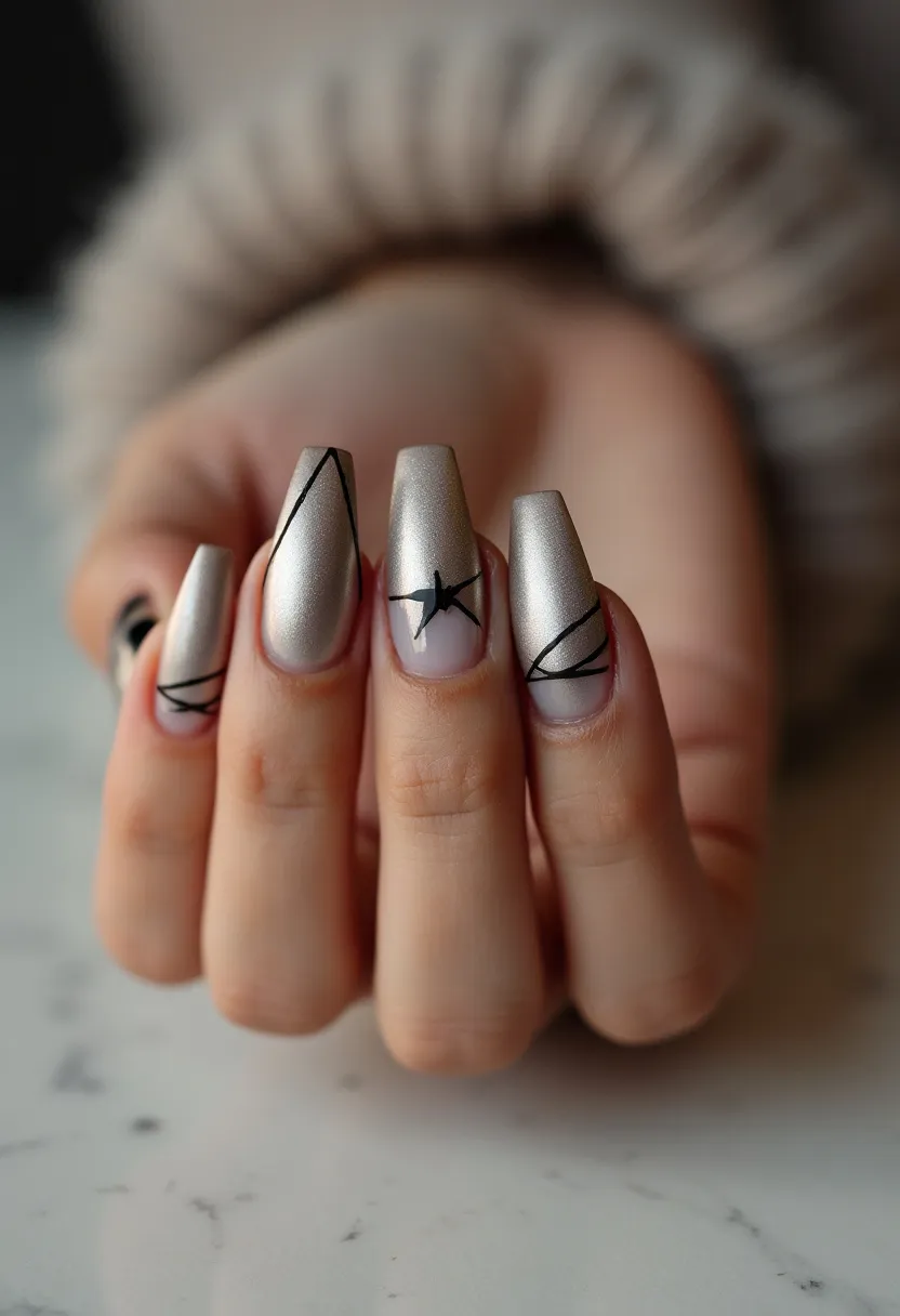 The nail design features a sophisticated and chic color palette dominated by a metallic silver hue. The nails are sculpted into a long, square shape that accentuates the elegant finish. Intricate black line patterns adorn each nail, with some featuring geometric shapes and a small star motif, adding a touch of contemporary artfulness. The type of nail treatment appears to be gel, as indicated by the high gloss and smooth finish. Unique details such as the precise line work and the combination of metallic and matte elements make this design particularly striking. This nail style could be ideal for a festive or formal occasion, given its refined and stylish appearance.