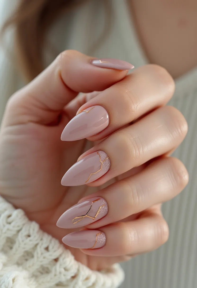 This nail design features a delicate and refined color palette, primarily showcasing a soft pink hue as the base. The nails are almond-shaped and have been enhanced with what appears to be gel treatment, giving a glossy and smooth finish. Intricate gold lines run across some of the nails, creating an elegant, marbled effect. Additionally, the ring finger nail stands out with a glittery texture, adding a touch of sparkle to the overall look. This design carries a sophisticated and chic vibe, suitable for special occasions or as a fashionable everyday look. The combination of subtle pink, glitter, and gold accents creates an impression of luxury and fine detail, perfect for the spring or summer seasons.