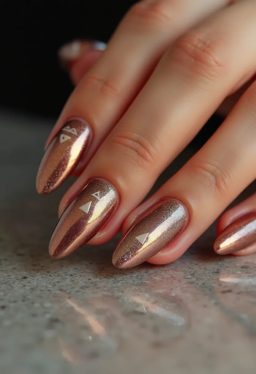 The nail design showcases an almond-shaped manicure in a luxurious rose gold hue, achieved likely using a gel or shellac treatment for that lasting high-gloss finish. Each nail is adorned with a minimalist geometric pattern featuring small white triangles for a contemporary and stylish edge. The nails' shimmery, metallic finish adds a glamorous touch, making this design suitable for festive seasons such as New Year's or special occasions where a bit of sparkle is desired. The intricate yet understated designs provide a chic and sophisticated look perfect for someone seeking elegance with a hint of modernity.