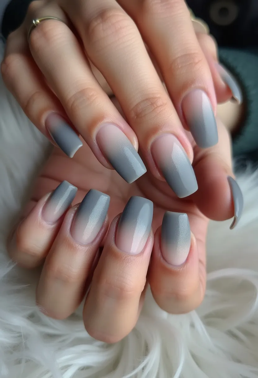 The nail design features an elegant gradient color palette that transitions smoothly from a soft nude at the nail base to a subtle grayish-blue towards the tips. The nails are shaped in a refined, squared-off style, giving them a clean and sophisticated appearance. This gradient effect adds depth and a modern touch to the design, suggesting the use of gel nails for their smooth finish and high-gloss shine. There are no additional intricate patterns or decorations, allowing the gradient itself to be the focal point. This minimalist yet chic design makes it suitable for any season and occasion, offering a versatile and timeless look.