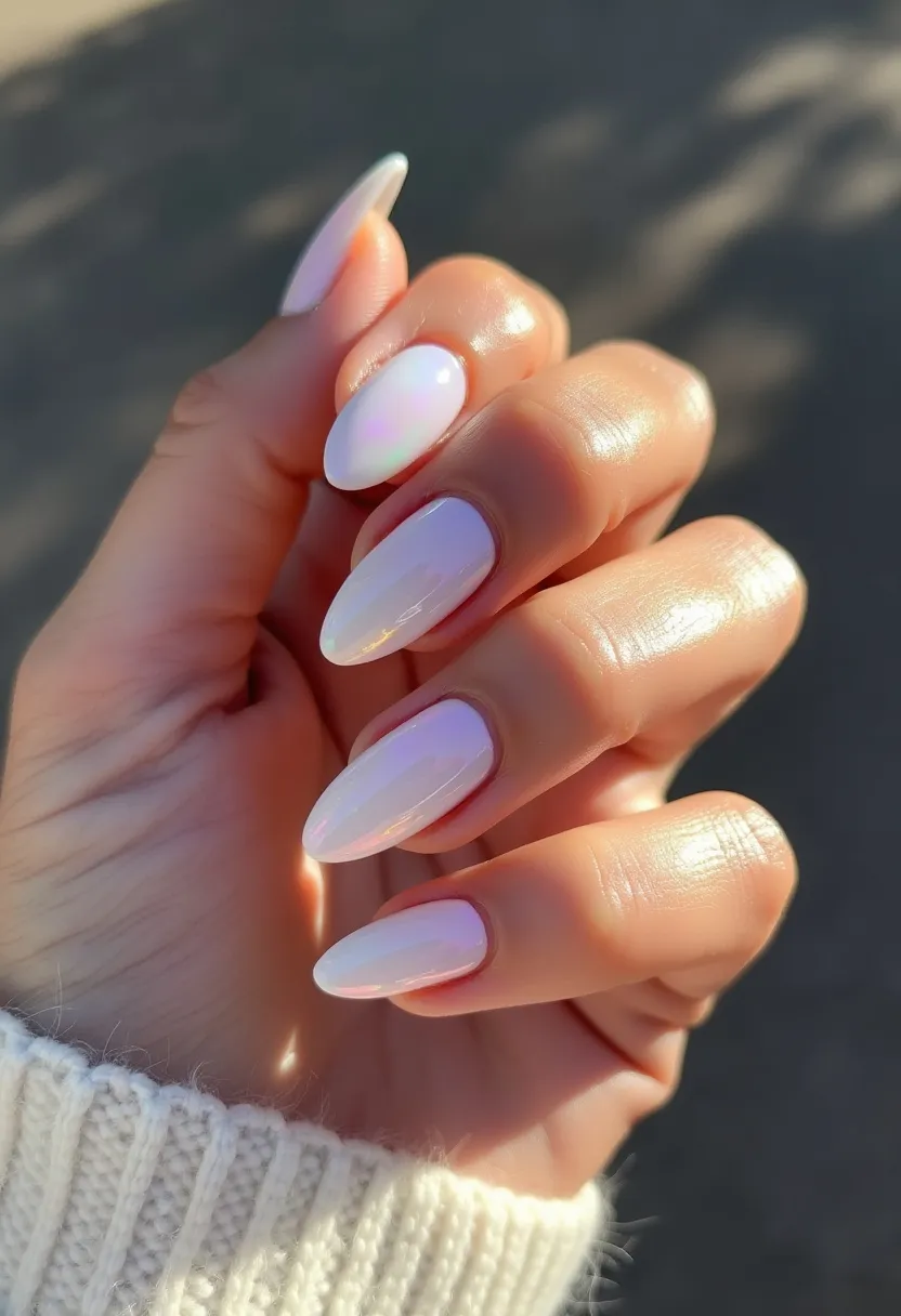 The nail design showcases an elegant, soft color palette featuring a pearlescent, iridescent white that shifts hues in the light, providing a subtle, captivating shimmer. The nails are shaped into a classic almond form, enhancing a sophisticated and elongating appearance. They appear to be created using a gel technique, ensuring a glossy, durable finish that complements the overall polished look. This iridescent design is versatile and can be suitable for a variety of seasons and occasions, offering a timeless charm perfect for events ranging from daily wear to special celebrations. The smooth, luminous surface of the nails contributes to a well-maintained and chic aesthetic.