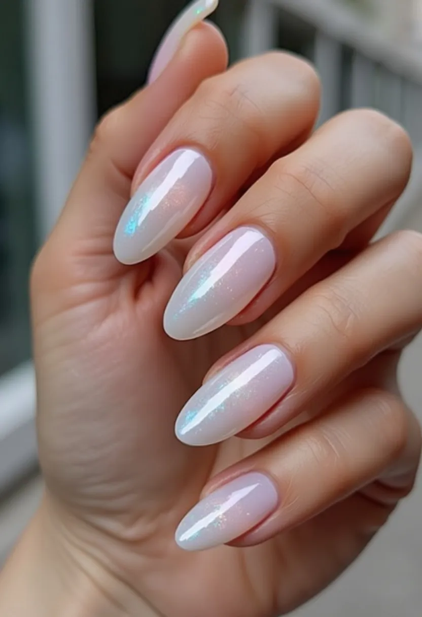 The nail design features an elegant and subtle color palette, primarily showcasing an iridescent white with hints of soft pastel hues that catch the light beautifully. The nails are almond-shaped, which elongates the fingers and adds a sophisticated touch to the overall look. The design appears to be executed using gel treatment, giving the nails a glossy, smooth finish that adds to their high-shine effect. There are no intricate patterns or additional decorations, maintaining a minimalist yet chic aesthetic. The shimmering effect of the nails suggests a versatile style suitable for both everyday wear and special occasions, making it particularly fitting for seasonal themes such as winter or festive celebrations.