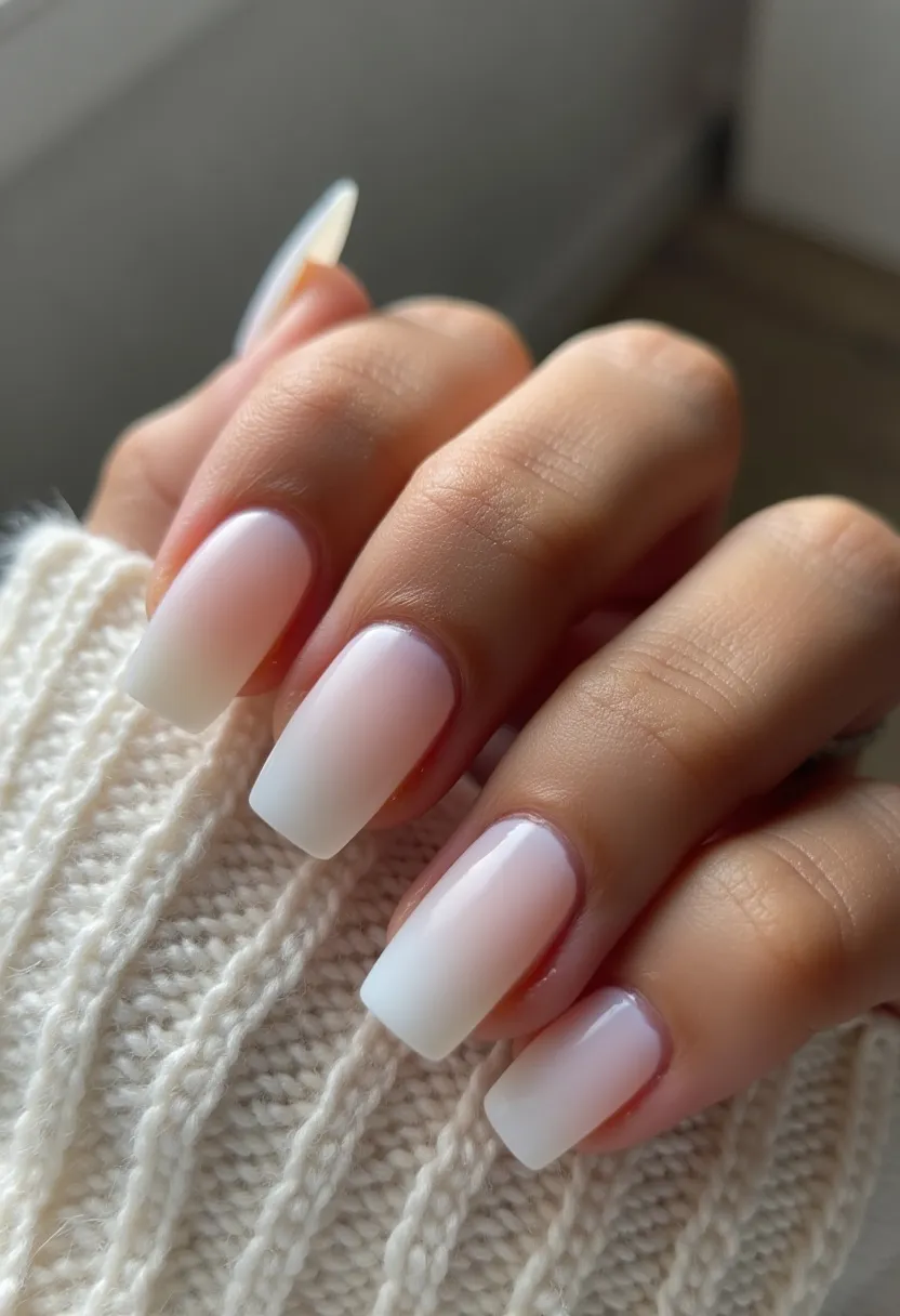 The nail design features a sophisticated and minimalistic gradient, transitioning seamlessly from a delicate pink shade at the cuticle to a pristine white at the tips. The nails are medium-length with a square shape, offering a clean and stylish look. The smooth and glossy finish suggests the use of either gel or shellac treatment, providing durability and a polished appearance. The absence of intricate patterns or decorations emphasizes the elegance of the ombre effect, making it suitable for a variety of occasions, from everyday wear to special events. The design's subtlety and refinement also make it ideal for the winter season, complementing cozy, knitted fabrics.