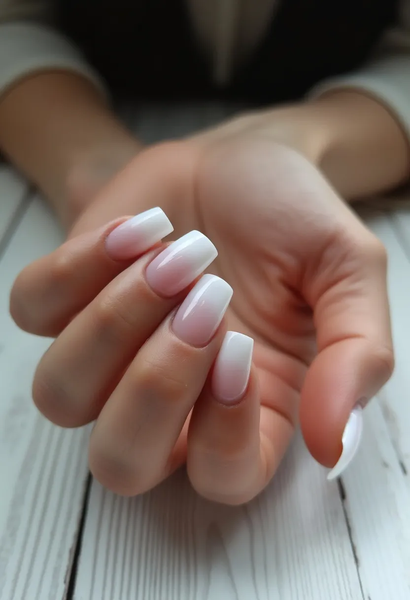 The nail design features a refined and elegant aesthetic with a gradient white color palette, transitioning smoothly from natural pink near the cuticles to a brilliant white at the tips. The nails are shaped in a classic square form with slightly softened edges, providing a balanced and sophisticated look. The design does not incorporate any intricate patterns, gemstones, or additional decorations, focusing on the simplicity and cleanliness of the color transition. This nail art is likely created using a gel treatment, given the glossy finish and smooth gradient effect. The overall style is timeless and versatile, suitable for both everyday wear and special occasions, such as weddings or formal events.