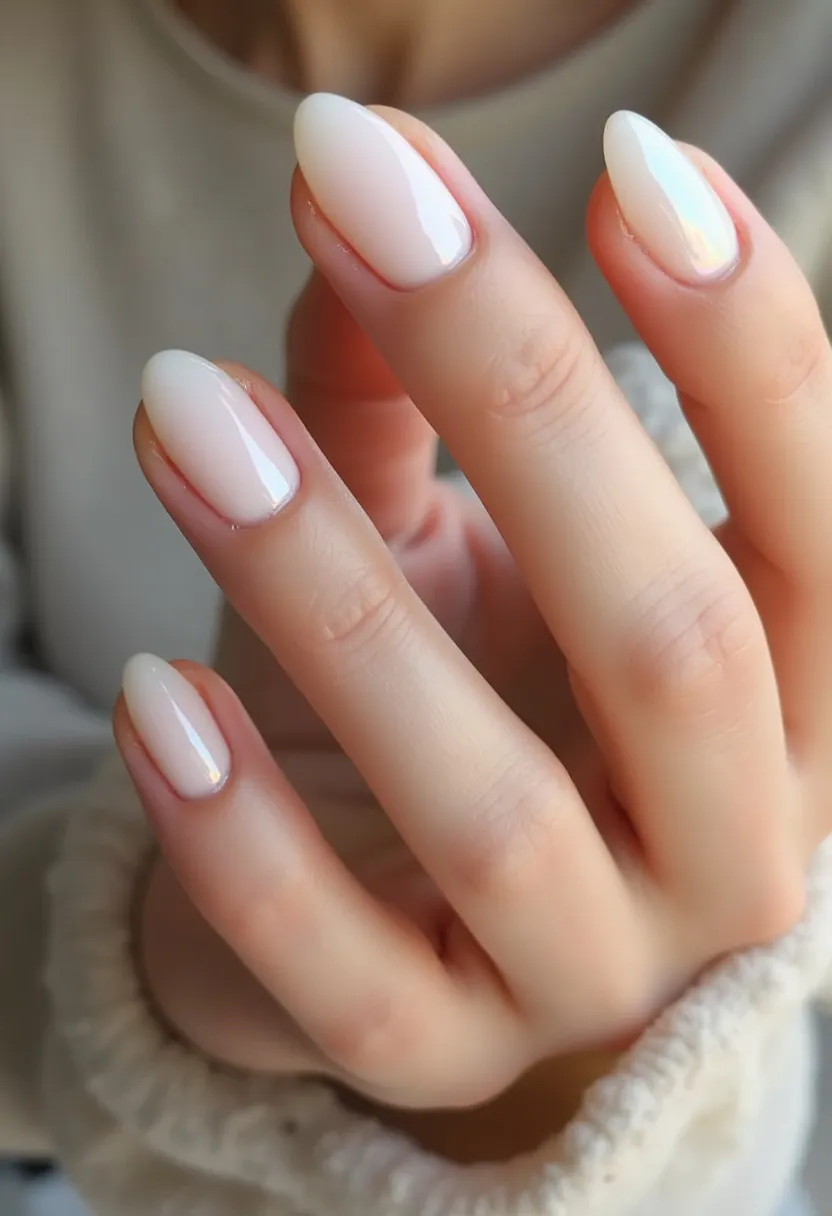 The nail design features a soft, elegant color palette with a delicate ombre effect transitioning from a natural nude base to a milky white tip. The nails are shaped in a rounded almond form, providing a sleek and sophisticated look. The nails appear to have a glossy finish, which suggests that a gel treatment was used to achieve the shiny, durable surface. The simplicity of the design, with its subtle gradient and lack of additional patterns or decorations, suits any occasion but can be particularly fitting for formal events or bridal aesthetics. The design's neutral tones and classic shape make it versatile and timeless.