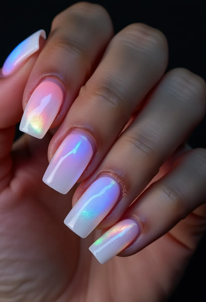 This nail design features a soft, iridescent color palette predominantly showcasing shades of pastel pinks, whites, and subtle blues, with a dreamy, holographic shimmer that catches the light beautifully. The nails are sculpted into a classic coffin shape, offering a sophisticated and modern look. The design appears to be achieved through either gel or acrylic treatment, providing durability and a high-gloss finish. The iridescent effect and pastel gradient make this design particularly suited for a whimsical or fairy-tale-like theme, possibly ideal for special occasions like weddings or spring and summer events. The holographic shimmer adds a unique and ethereal appeal, elevating the overall elegance of the nails.