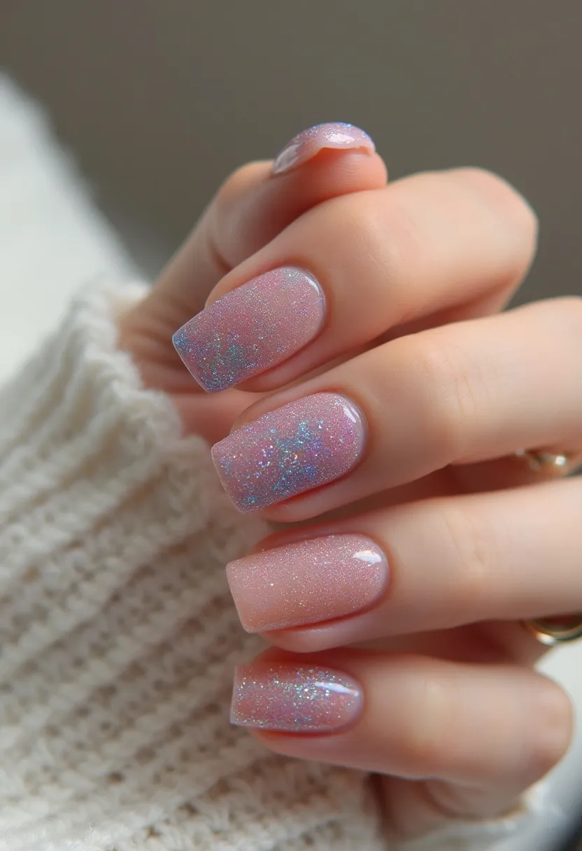 The nail design features a soft, pastel color palette with a base coat of light pink transitioning seamlessly into light blue, decorated with a fine glitter overlay that adds a touch of sparkle and shimmer throughout. The nails are shaped in a medium-length square with rounded edges, creating a modern yet elegant look. The application resembles that of gel polish, offering a smooth, glossy finish that suggests both durability and a professionally done manicure. The design's subtle glitter and delicate hues make it versatile and suitable for various occasions, particularly favored for its festive and winter-time allure.