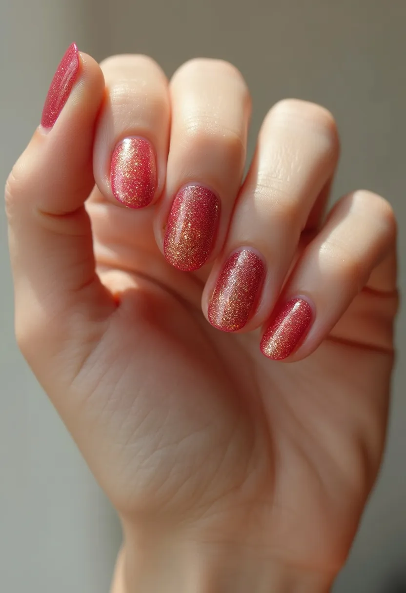 The nail design features an elegant, oval-shaped nail with a color palette dominated by a rich, shimmery pinkish-red hue, adorned with fine golden sparkles, indicating a possible gel or shellac treatment for its smooth and glossy finish. The golden glitter adds a touch of sophistication and glamour, making it suitable for festive occasions or holiday celebrations. The seamless blend of colors and the uniform application of the glitter give the nails a luxurious and regal appearance. This design can be perfect for seasons like winter holidays or special events that call for a bit of sparkle and elegance.