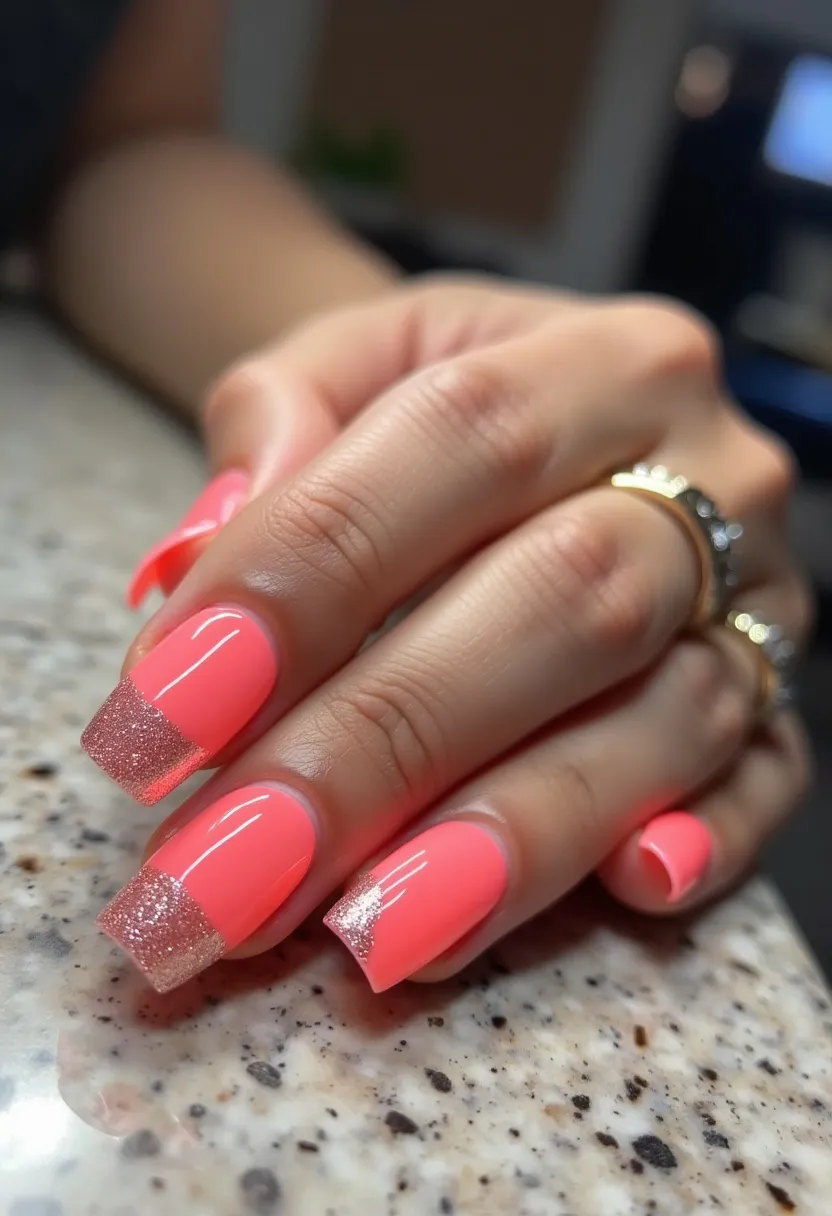 The nail design features a bright coral color palette with a glossy finish, suggesting a possible gel or shellac treatment. The nails are shaped in a square style with clean, straight edges. Each nail has a decorative element at the tips, consisting of a rose gold glitter design, which adds a touch of sparkle and elegance. The combination of the vibrant coral with the glittering tips makes this design perfect for summertime or festive occasions, providing a cheerful and celebratory vibe. The overall look is both trendy and polished, ideal for those seeking a fun yet sophisticated nail design.