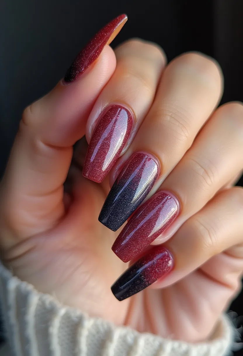 The nail design features a sophisticated and elegant color palette, blending deep burgundy and black shades with a subtle iridescent shimmer that adds a touch of glamour. The nails are shaped in a long, coffin style, which enhances the overall classy and sleek appearance. The design includes a gradient pattern where the burgundy gradually transitions into black towards the tips, creating a smooth and striking ombre effect. The finish appears to be glossy, suggesting that a gel treatment may have been used to achieve this high-shine and durable look. This nail art design is versatile, suitable for either fall and winter seasons due to its dark tones, or special evening occasions where a touch of refinement and drama is desired.