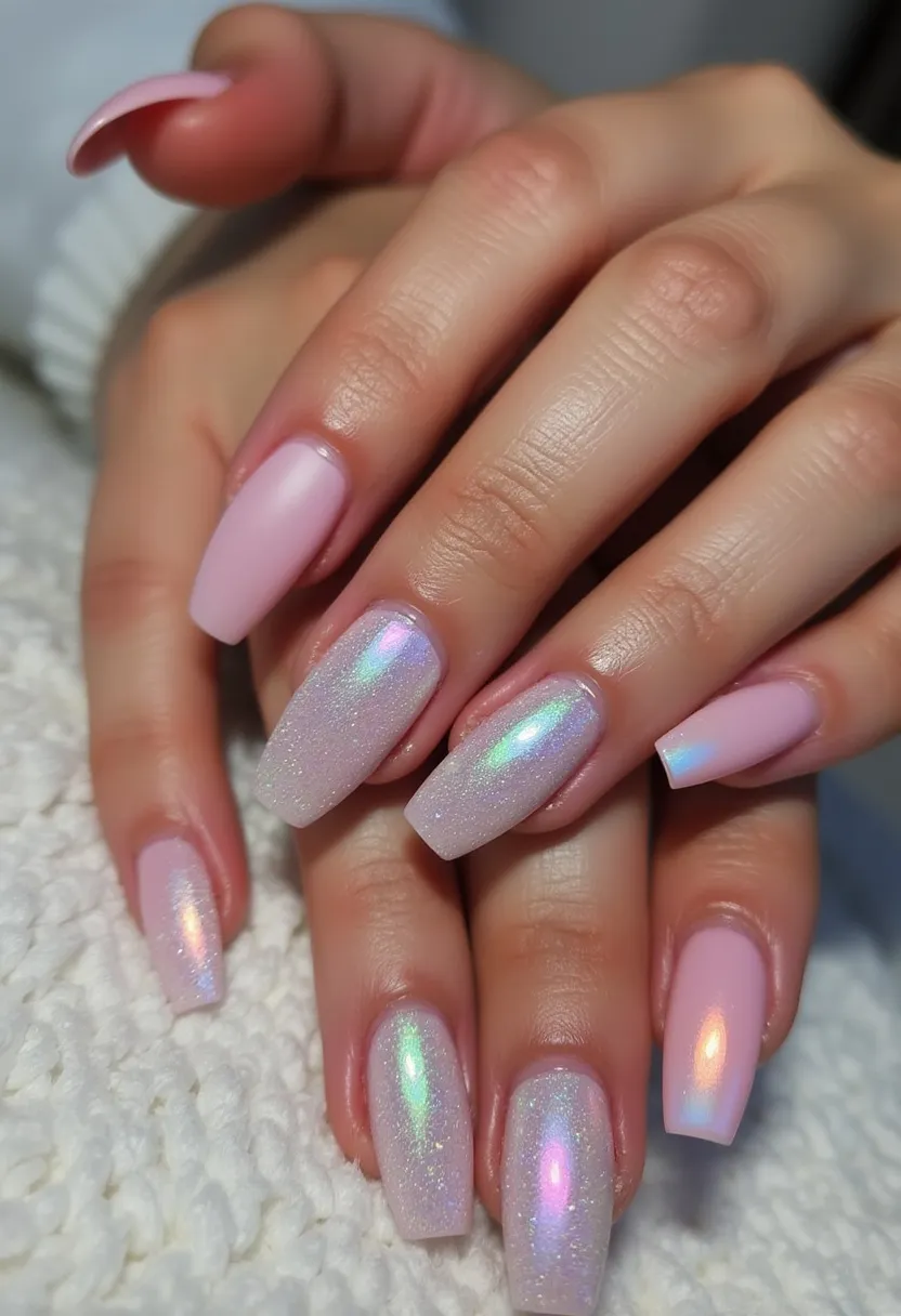 The nail design features a beautiful pastel pink and iridescent color palette. The nails are shaped in a coffin style, providing a modern and sophisticated look. The intricate patterns include a mix of solid pastel pink nails and nails adorned with a stunning iridescent gradient that shifts colors depending on the light, giving a shimmering, holographic effect. The iridescent design is likely achieved with a fine glitter or shimmer powder over a neutral base, commonly done with gel or shellac treatments to ensure durability and a glossy finish. The overall aesthetic is elegant and could be suitable for a variety of occasions, from daily wear to more festive, celebratory events.