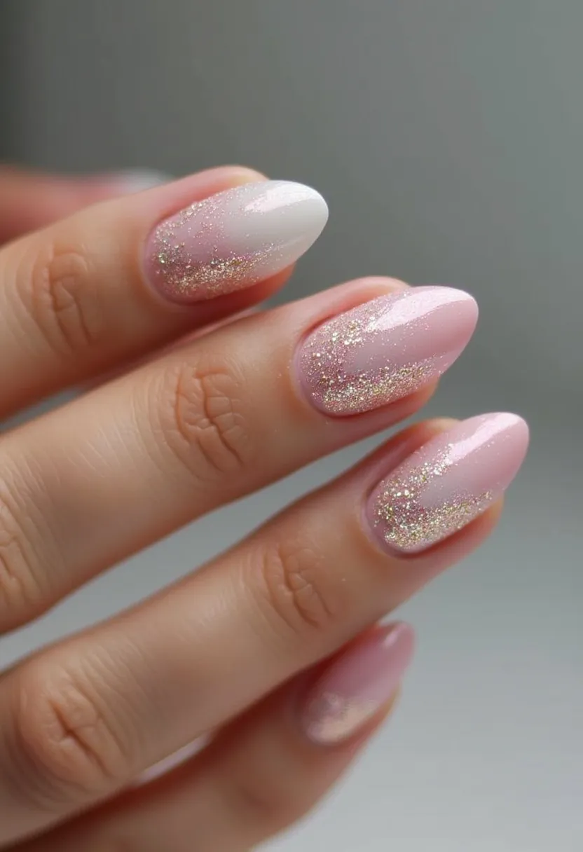 The nail design showcases a sophisticated and elegant palette, primarily composed of soft pink and white hues with gradient transitions. The nails are expertly shaped into a sleek almond style, which gives a refined look to the overall design. These nails feature intricate patterns of gold glitter delicately brushed over the color transitions, adding a touch of sparkling elegance. This design appears to be achieved with a gel nail treatment, given its glossy finish and smooth application. The gold glitter adds a festive and glamorous element, making this nail art suitable for special occasions such as weddings, holidays, or other celebratory events. The overall aesthetic is subtle yet luxurious, perfect for someone looking for a classy and refined look.