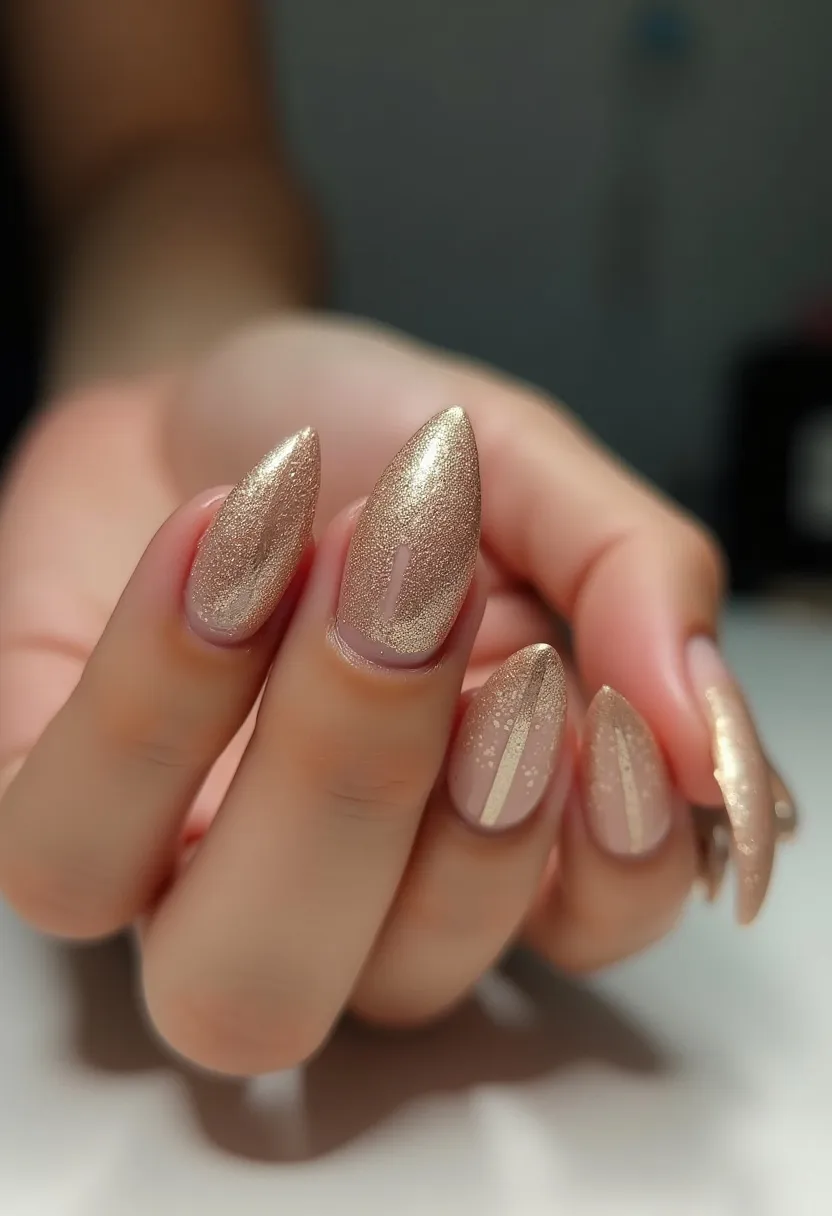 The nail design features a chic and elegant look with a palette dominated by shimmering gold hues. The nails are shaped into stylish almond points, giving a sophisticated and elongated appearance to the fingertips. Each nail boasts a consistent gold glitter finish, with the accent nails displaying a subtle, vertical strip that adds a touch of modernity. The glossy and well-polished finish suggests the use of gel treatment, providing a durable and sleek surface. This design is versatile and suitable for various special occasions, from festive celebrations to glamorous evening events, owing to its sparkling and refined aesthetic.