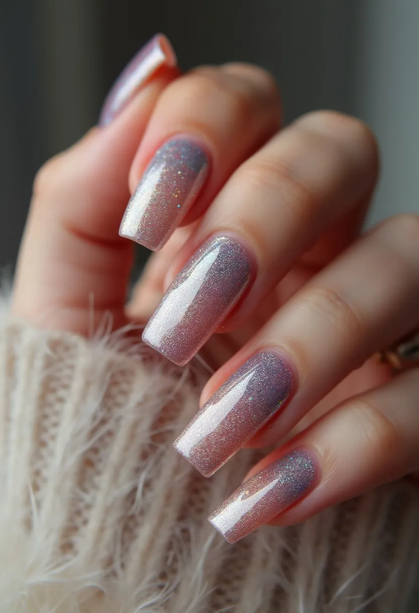 The nails feature a gel treatment, with a color palette that includes shades of light pink transitioning into a subtle silver gradient finish. The nails are shaped in a long, square style, providing ample space for the design to stand out. The polish has a shimmering effect, likely achieved with fine glitter, giving the nails a luminous and elegant quality. This design is suited for festive seasonal themes, such as winter or holiday celebrations, due to its sparkling and frost-like appearance. The overall look is chic and sophisticated, fitting for special occasions where a touch of glamour is desired.