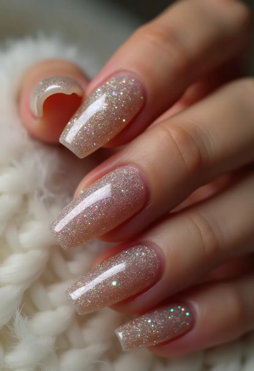 The nail design showcases a sophisticated manicure with a glittery, champagne-colored palette. The nails are elongated and exhibit a square shape with a glossy finish, suggesting a gel treatment for its high shine and durability. Each nail is uniformly covered with a fine, sparkling glitter, which gives them a festive and glamorous look, making them suitable for special occasions and seasonal celebrations. The glitter effect creates an eye-catching and intricate design that enhances the overall elegance of the nails.