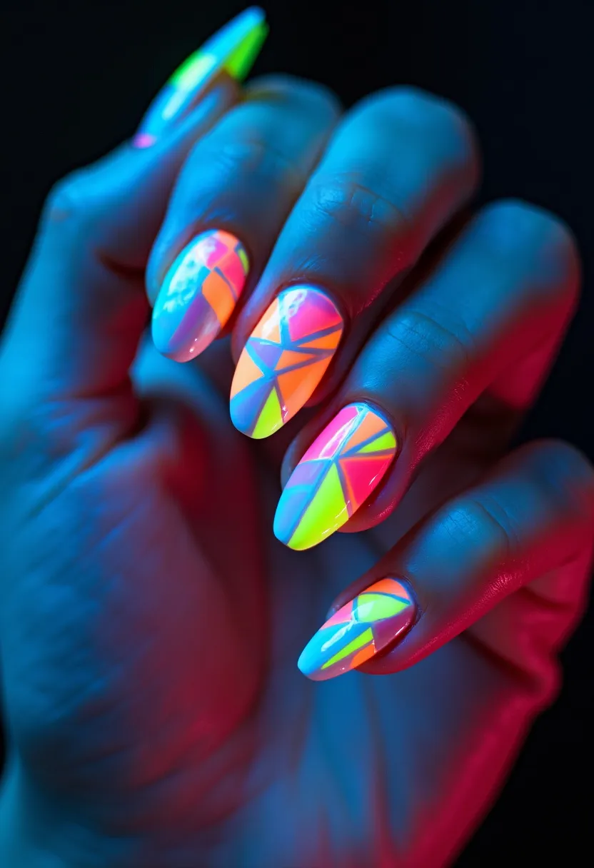 The nail design features a vibrant, neon color palette with shades of pink, orange, yellow, and green. The nails are shaped into a slightly rounded almond style, creating a sleek and elegant appearance. Each nail displays an intricate geometric pattern, resembling stained glass, with various neon colors sectioned off by thin, sharp lines. The finish appears to be a high-gloss gel treatment, emphasizing the brightness and clarity of the neon colors under the light. The design has a festive, almost party-like feel, making it suitable for special occasions or seasonal events that call for bold and eye-catching nail art.