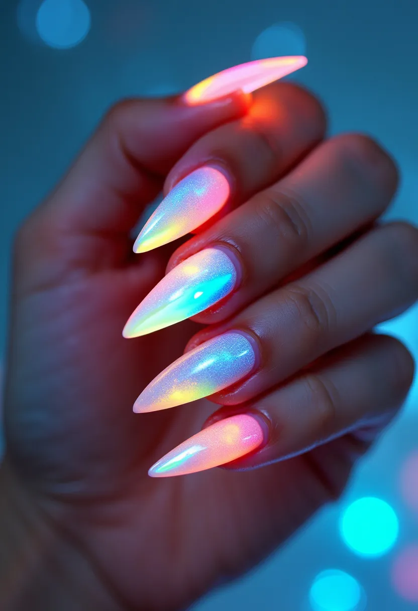 The nails feature a vibrant and iridescent gradient palette with hues of neon pink, orange, yellow, green, and blue, creating a striking and luminous effect. The nails are shaped into a sharp stiletto style, exuding a bold and edgy vibe. The finish on the nails appears to be a combination of gel with a holographic or aurora-inspired chrome powder that enhances the glossy and reflective nature. The design does not include any additional intricate patterns or decorations, but the multicolored, glowing effect is intricate and visually captivating by itself. This nail design is highly suitable for festive occasions, club events, or even themed parties, where a futuristic or vibrant appearance is desired.