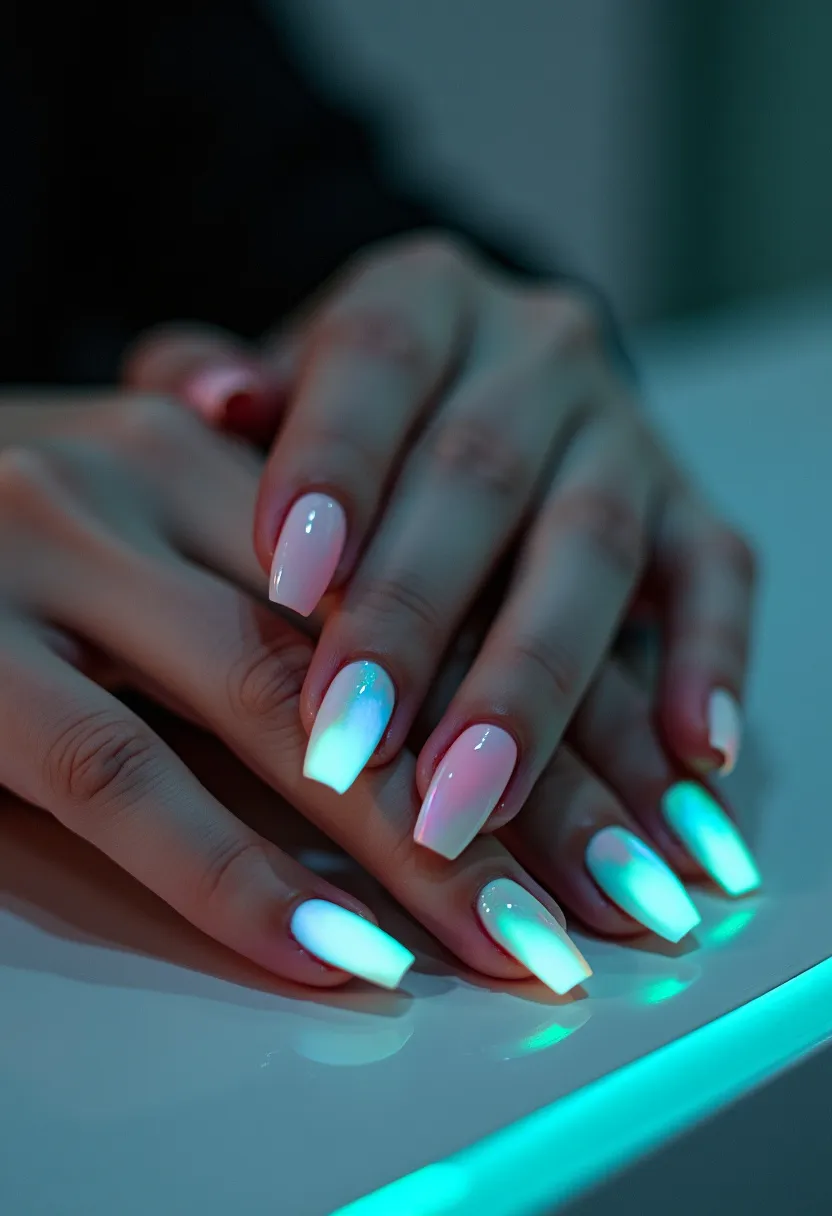 This nail design features a stunning ombre effect, transitioning from a soft pink at the base to a vibrant, glowing cyan at the tips. The nails are shaped in a long coffin style, exuding elegance and sophistication. The use of what appears to be gel polish enhances the glossy finish and the smooth gradient, adding a high-shine effect. The nails also exhibit a subtle glittery touch in the cyan portion, giving an extra dimension and a hint of sparkle. The ethereal glow of the cyan suggests a possible luminescent or glow-in-the-dark feature, making this an ideal design for evening events or festive occasions. The overall look combines modernity with a touch of fantasy, perfect for those seeking a unique and eye-catching manicure.