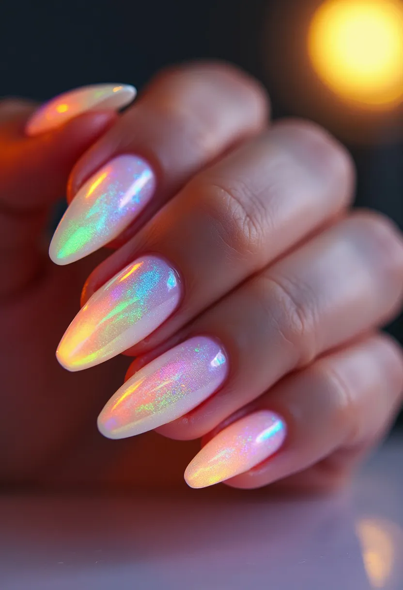 The nails are elegantly shaped into sharp stiletto points, offering a striking and bold appearance. The color palette features ethereal, iridescent hues that shift between pastel pinks, blues, greens, and yellows, creating a holographic effect. The nail treatment appears to be a glossy gel, enhancing the shine and smooth texture of the design. Adding to the unique appearance, the nails contain a glittery finish, giving them a sparkling, multi-dimensional look. This design is reminiscent of a fairy-tale or fantasy theme, potentially suitable for special occasions such as parties or celebrations that call for a touch of magic and whimsy.