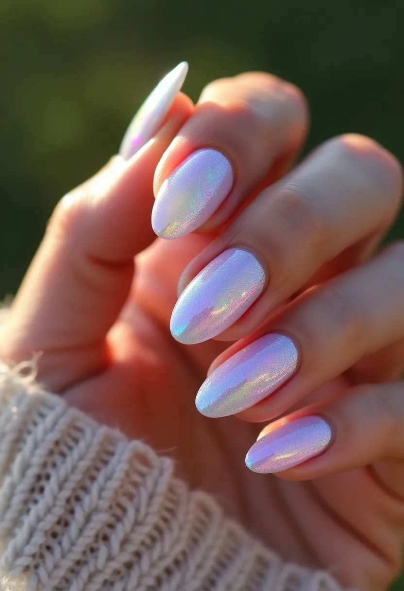 This nail design features an elegant and visually striking color palette predominantly composed of a shimmering iridescent shade that shifts between pastel hues such as pink, lavender, blue, and hints of green, depending on the light. The nails are shaped into a medium almond form, which complements the delicate and sophisticated nature of the color scheme. The treatment appears to be a gel or shellac, evidenced by the high gloss and smooth finish that gel or shellac nails typically present. The overall design includes a uniform application of the iridescent polish, without additional patterns or decorations, providing a chic and polished look that is suitable for special occasions or seasonal themes, particularly winter or spring, due to its soft, ethereal quality.