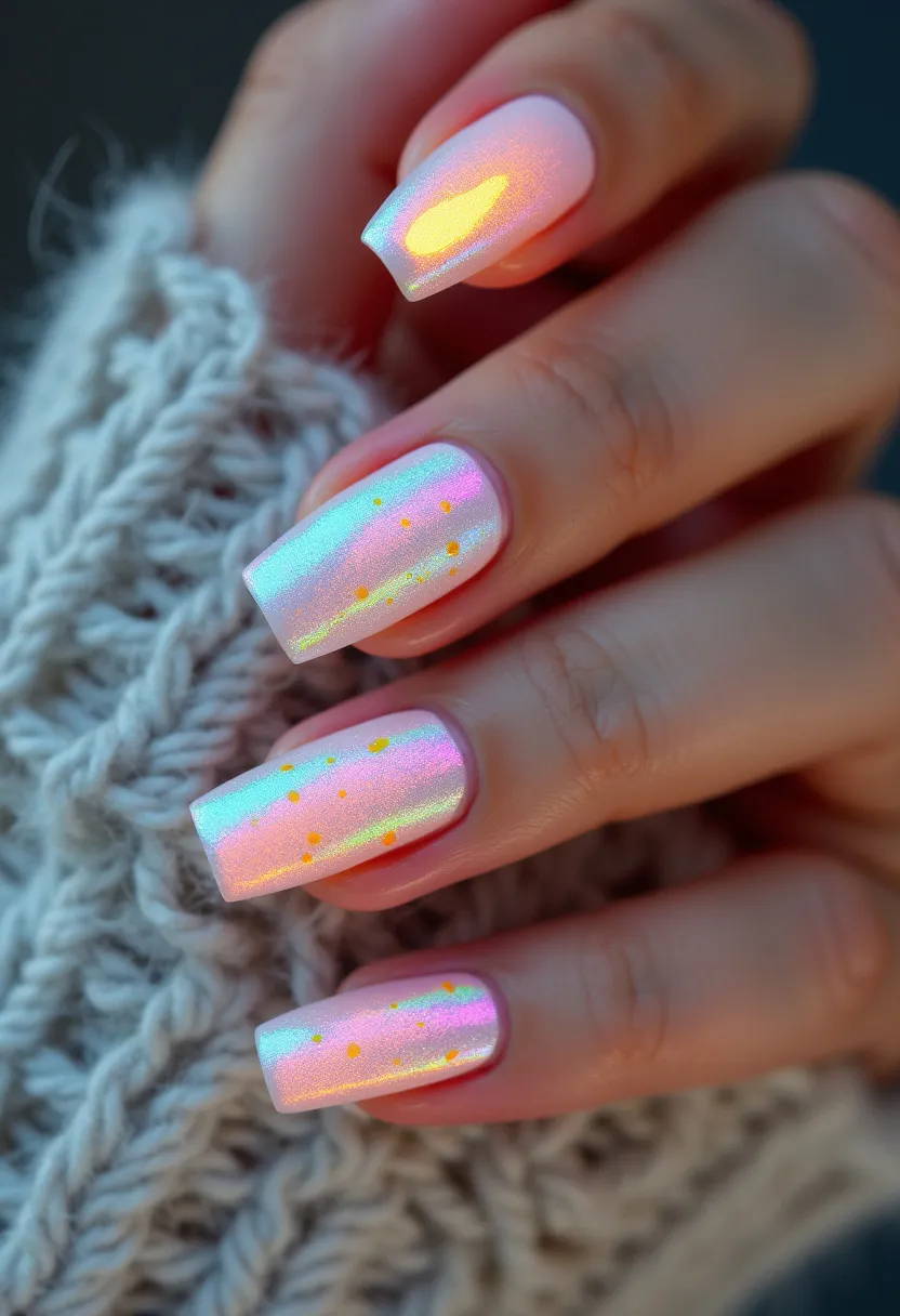 This nail design features a striking holographic color palette with iridescent hues that reflect shades of pink, blue, and purple, creating a captivating rainbow effect. The nails are shaped into a square tip, providing a modern and chic appearance. Yellow dots are sprinkled across the surface, adding a playful contrast to the holographic base. Although the specific type of nail treatment isn't mentioned, the glossy finish and durability suggest it could be a gel or acrylic treatment. This vibrant and eye-catching design appears suitable for festive occasions or as a bold summer look, highlighting a blend of elegance and fun through its shimmering, multi-colored presentation.