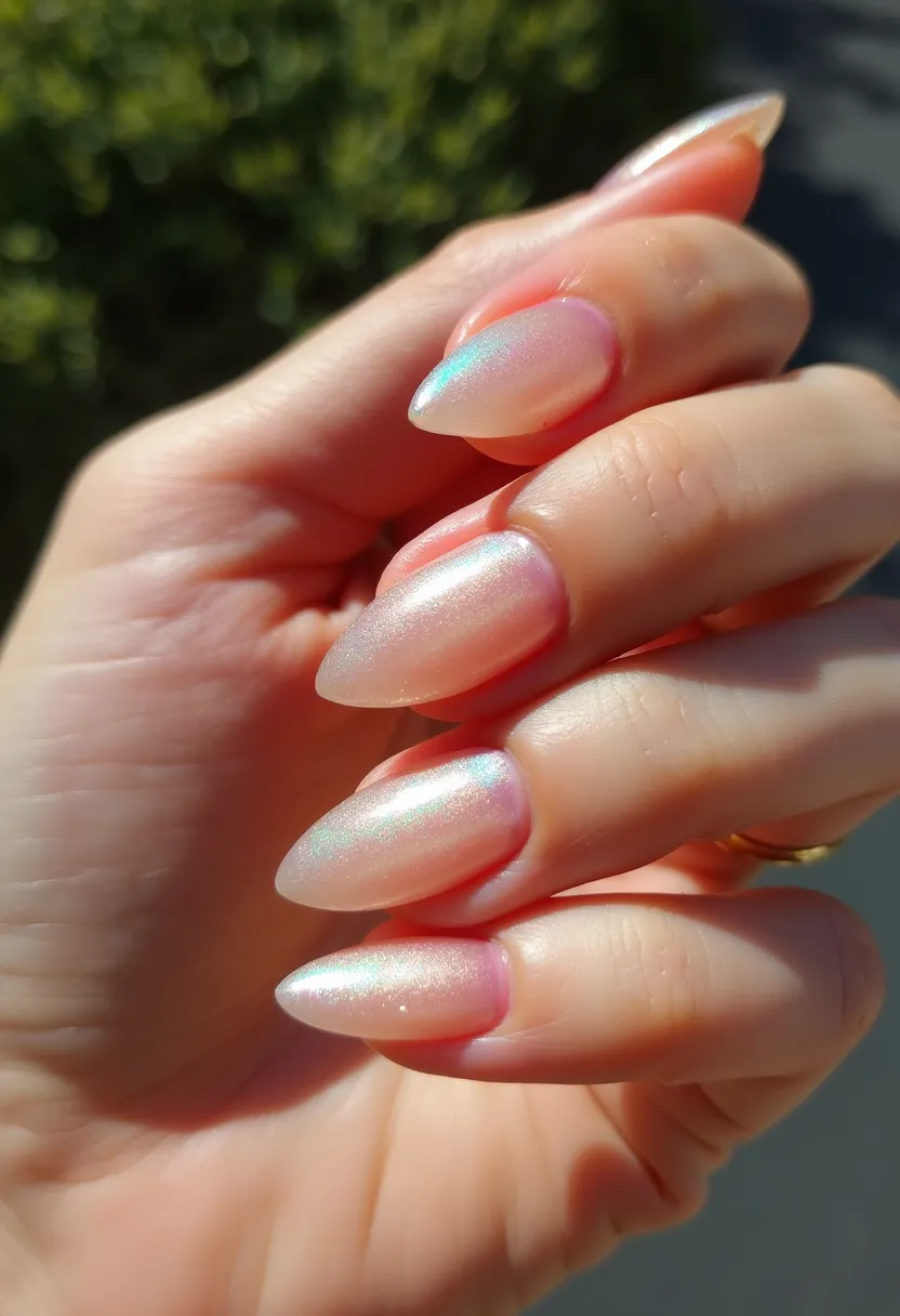 The nail design features a subtle and elegant palette with a predominantly iridescent finish that shifts between soft pink and pale blue hues. The nails are almond-shaped, providing a refined and elongated appearance. There are no intricate patterns or decorations, keeping the design simple yet sophisticated. This appears to be a gel nail treatment, given the smooth, glossy surface and durability. The iridescent finish and translucence make this design particularly suitable for spring or summer seasons, adding a touch of delicate glamour to any occasion. The overall look is chic and understated, perfect for both everyday wear and special events.