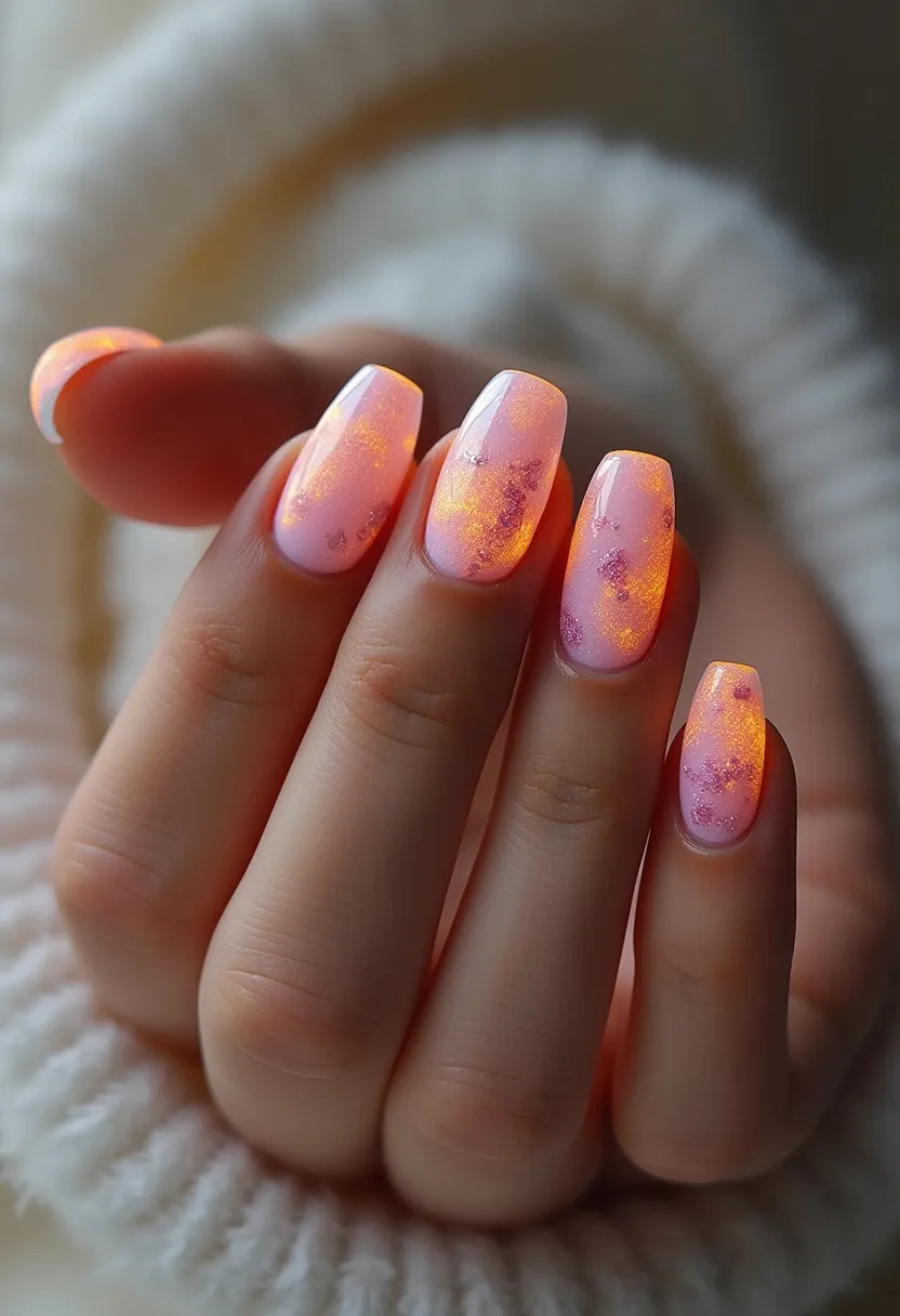 The nail design showcased features a soft pink color palette with a gradient effect transitioning into a glowing orange at the tips, giving a radiant and almost iridescent appearance. The nails are medium-length with a square-oval (squoval) shape. There are subtle decorations with tiny purple flecks dispersed across the surface, adding a delicate sparkle to the overall look. The type of nail treatment appears to be gel, offering a smooth and glossy finish. This design could be perfect for special occasions or seasonal themes like spring or summer due to its vibrant and uplifting color scheme.