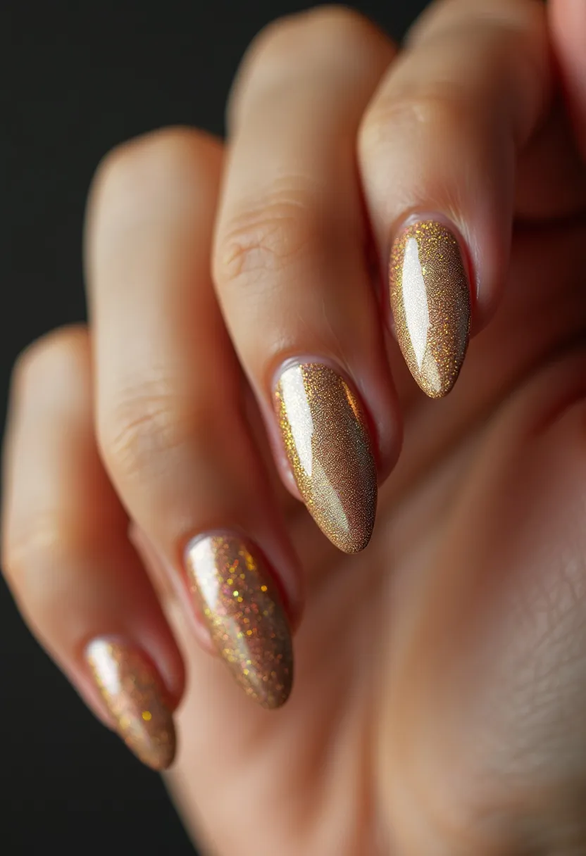 The nail design features a shimmering gold color palette, reflecting light with small, finely textured glitter throughout. The nails are shaped in a long, almond form, giving a sleek and elegant look. This design appears to be achieved with gel polish, offering a glossy and durable finish. The glittery appearance adds a touch of sophistication and sparkle, making it suitable for festive occasions or holiday seasons. The absence of additional patterns or decorations maintains a classic and refined aesthetic with a focus on the luminous gold hue.