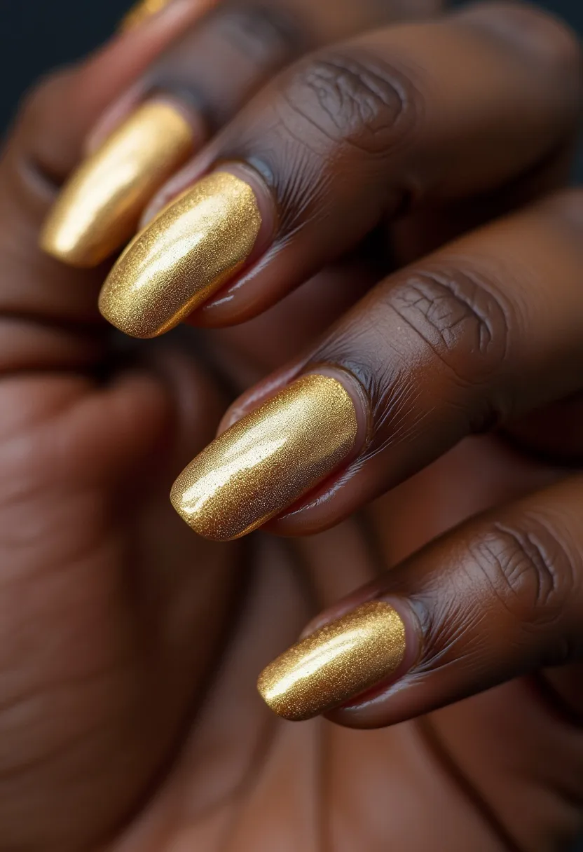 The nail design features a striking color palette with a rich, metallic gold hue. The nails are medium in length with a squared oval or squoval shape, giving them a clean yet elegant appearance. The gold polish used appears to have a shimmer or glittery finish, adding a luxurious and festive touch to the nails. The shiny, smooth surface and high-gloss finish suggest a gel treatment, which enhances durability and provides a long-lasting, chip-resistant quality. This design, with its opulent gold color and glossy finish, is perfect for special occasions or festive events, evoking a sense of celebration and elegance.