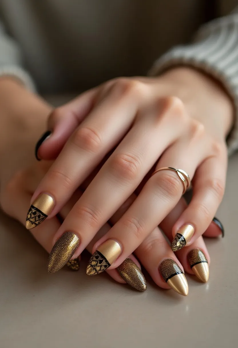 The nail design features a striking color palette predominantly composed of gold and black hues, creating a glamorous and sophisticated look. The nails are shaped to a sharp stiletto style, adding a dramatic edge to the overall appearance. There are intricate patterns and decorations, including a combination of glittery gold surfaces and finely detailed black lace-like designs on select nails. The gold sections vary between a smooth metallic finish and a gritty texture, providing contrast and interest. The nails appear to exhibit a gel treatment, evidenced by the glossy and smooth surface, ensuring longevity and shine. The design has a festive and luxurious feel, making it suitable for special occasions such as holiday parties or formal events.