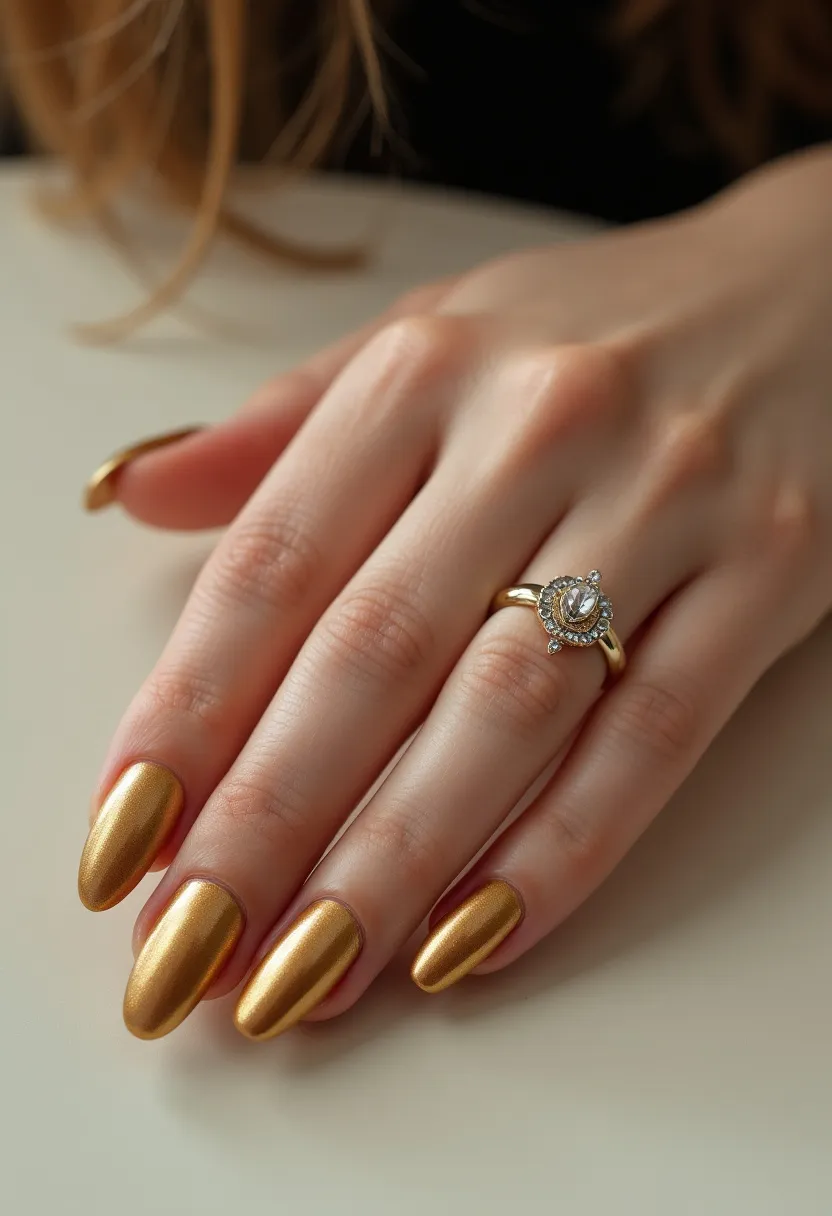 The nail design features a stunning metallic gold color palette that exudes sophistication and glamour. The nails are elongated and shaped into a rounded almond silhouette, which enhances the elegant appearance. The use of a metallic finish adds a shimmering effect, making the nails stand out without additional intricate patterns or decorations. This nail treatment appears to be achieved through gel polish, ensuring durability and a high-gloss finish. The luxurious golden hue suggests a festive or celebratory theme, making it ideal for special occasions such as holiday parties, weddings, or formal events. The overall look is chic and polished, ideal for anyone seeking a timeless yet striking manicure.