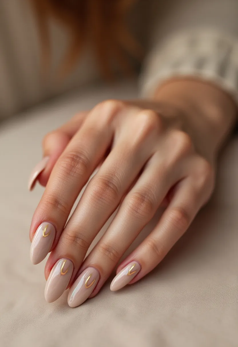 The nail design features a blend of neutral tones, primarily a light nude or beige as the base color, complementing a natural look. The nails are shaped in an elegant almond form, contributing to a sophisticated appearance. Each nail is adorned with a minimalistic gold arc near the cuticle area, adding a touch of luxury and intricacy to the overall design. The finish appears glossy, suggesting either a gel or shellac treatment, both known for their high shine and durability. The design is subtle yet stylish, making it suitable for various occasions such as formal events or seasonal transitions, particularly favoring autumn or spring aesthetics. The gold detailing adds a festive touch, possibly alluding to celebratory occasions like weddings or holidays.