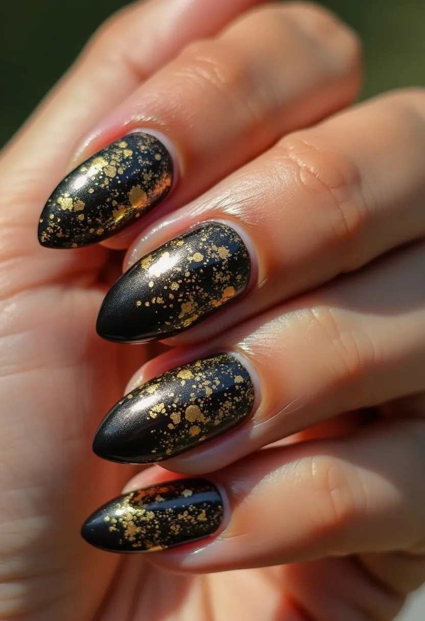 The nail design features a striking color palette of black and gold. The nails are almond-shaped, providing a sleek and elegant appearance. The base color of the nails is a glossy black, overlaid with intricate gold splatter patterns that add a touch of glamour and sophistication. This design appears to use a gel treatment, enhancing the durability and shine of the nails. The luxurious color combination and sparkling details make this design suitable for festive seasons or special occasions like New Year's Eve or holiday parties. The overall effect is both dramatic and chic, perfect for someone looking to make a bold fashion statement.