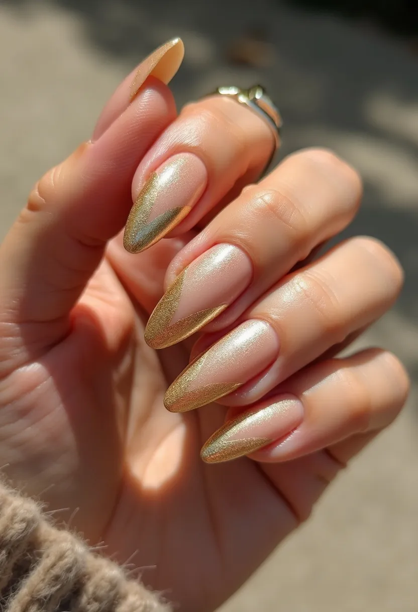 The nail design features a sophisticated and elegant aesthetic with almond-shaped nails. The primary color palette consists of a pearlescent base and a metallic gold overlay. The nail treatment used appears to be a gel manicure, given the smooth and glossy finish. The design includes intricate gold accent lines that create a diagonal, pointed pattern on the nails, enhancing the overall luxurious appearance. This style is versatile for special occasions or seasonal themes, such as festive events or holiday celebrations. The meticulous application and shiny finish highlight the professionalism and creativity behind this nail art.