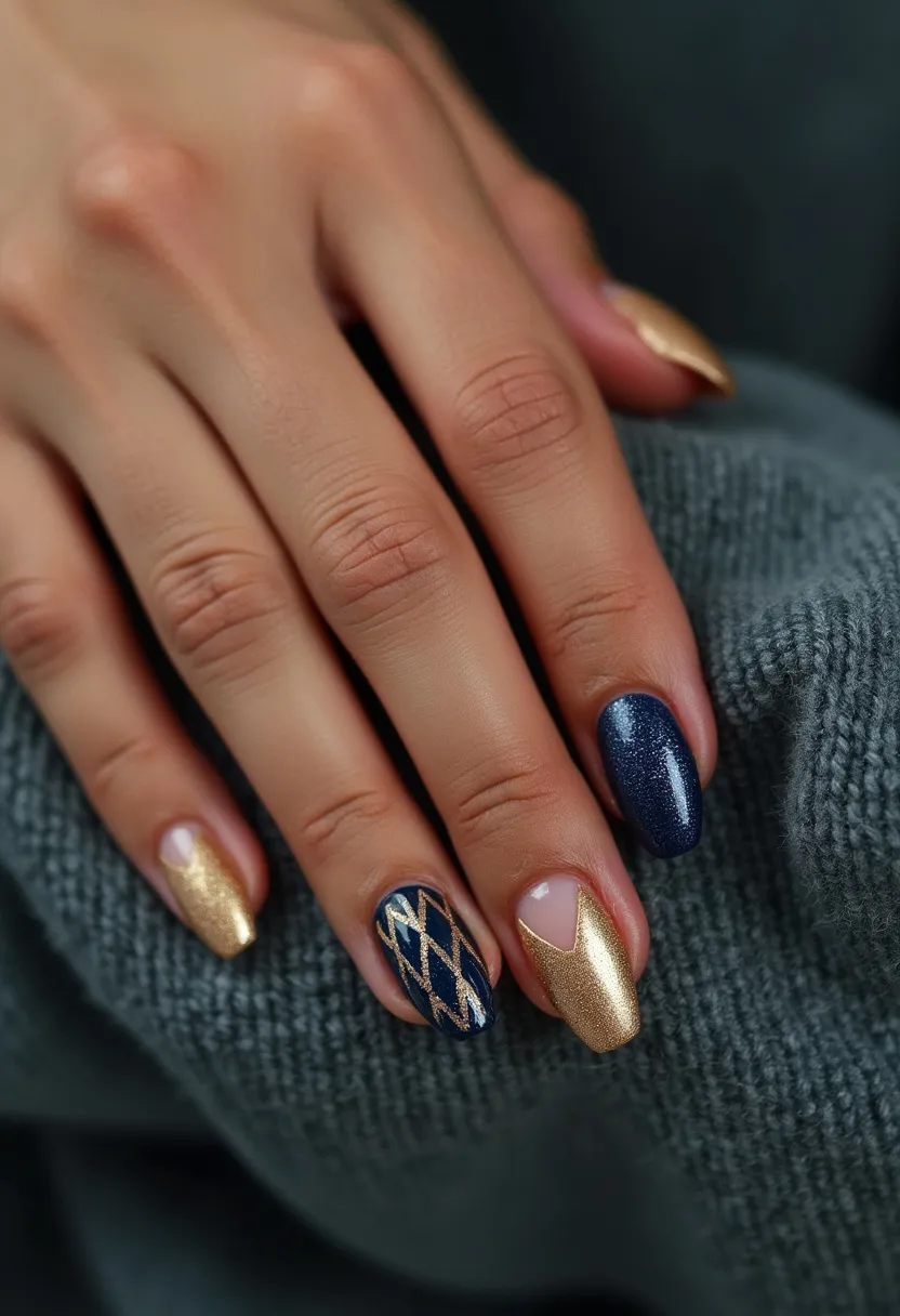 The nail design showcases a sophisticated and stylish palette dominated by glittery gold and dark navy colors. The nails are shaped in a medium-length almond form, providing an elegant base for the intricate patterns. The design includes solid color nails with glittery gold and shimmery navy hues, while a few nails exhibit unique decorative patterns. One nail features a detailed crisscross pattern combining the navy and gold colors, and another has a gold chevron pattern at the tip with a clear base. The gel treatment is evident, giving the nails a glossy, high-shine finish, suitable for a festive occasion, perhaps the holiday season or a special event. The overall design is both eye-catching and elegant, adding a touch of glamour to any ensemble.