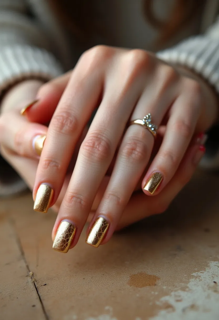 The nail design features a striking gold color palette with a glossy finish, suggesting the use of a gel or shellac treatment for durability and shine. The nails are shaped in a medium-length square form, offering a modern and sophisticated look. Intricate patterns resembling fine, delicate cracks or veins are elegantly incorporated into the gold base, adding a touch of texture and luxury to the design. This manicure exudes a lavish and festive vibe, making it suitable for special occasions or seasonal celebrations such as holidays or events that call for a touch of glamour. The overall effect is both opulent and chic, blending metallic sheen with subtle yet intricate detailing.