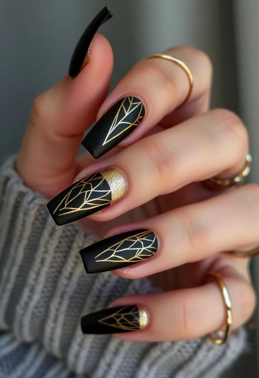 The nail design showcases a striking matte black base with intricate geometric patterns outlined in gold, adding a touch of sophistication and elegance. The nails are long and square-shaped, contributing to a bold and modern look. The manicure includes glittering accents, particularly on the lunula (the base of the nail), where gold glitter polish is used to create a dazzling contrast against the matte finish. This design suggests the use of gel or acrylic treatment to achieve the smooth, durable surface and vibrant colors. The overall aesthetic is glamorous, making it suitable for special occasions or festive seasons.