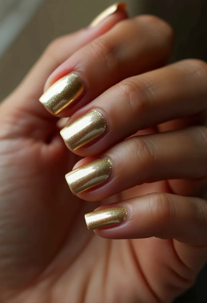 The nails are elegantly painted in a shimmering metallic gold color, creating an opulent and striking appearance. They are manicured into a square shape with neatly filed edges. There are no additional intricate patterns or decorations, keeping the design minimalistic yet sophisticated. The finish appears to be smooth and glossy, suggesting the use of gel or shellac polish for a long-lasting, high-shine effect. This design is versatile but feels particularly suited for festive occasions, holidays, or glamorous events due to the luxurious gold hue.