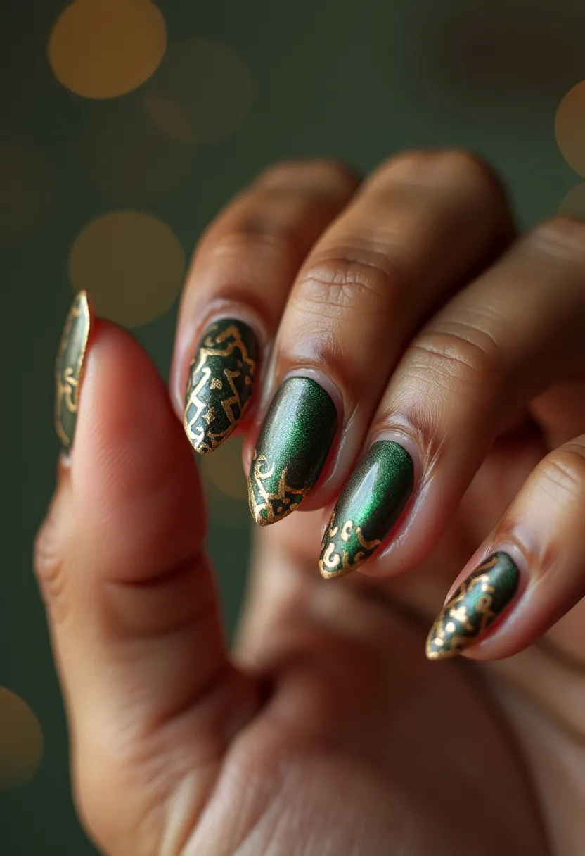 The nail design showcases an elegant and intricate style with a predominant color palette of metallic green and gold. The nails are almond-shaped, enhancing the sophisticated look. Detailed gold filigree patterns delicately adorn the tips and some portions of the nails, adding a touch of luxury and intricacy. The nail treatment appears to be gel, given the smooth and glossy finish that is characteristic of this manicure method. This design exudes a festive or seasonal theme, likely suitable for special occasions like the holiday season, reflecting a blend of opulence and celebration. The combination of colors and patterns provides a striking contrast, making the overall look both eye-catching and refined.