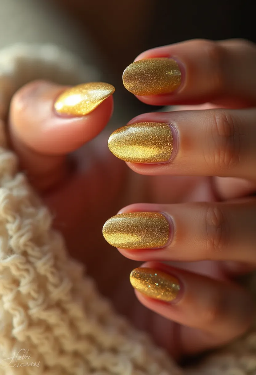 The nail design features a vivid metallic gold color palette, suggesting a festive or glamorous theme perfect for special occasions like holidays or parties. The nails are shaped in an almond form, providing an elegant and elongated appearance. The gold color is enhanced with a subtle shimmer effect, adding a level of sophistication and catching the light beautifully. Given the uniformity and high gloss, the treatment appears to be gel polish, known for its durability and shine. There are no additional patterns or intricate decorations, allowing the rich gold color to be the focal point of the design. This minimalist yet eye-catching style makes a bold statement with its luxurious finish.